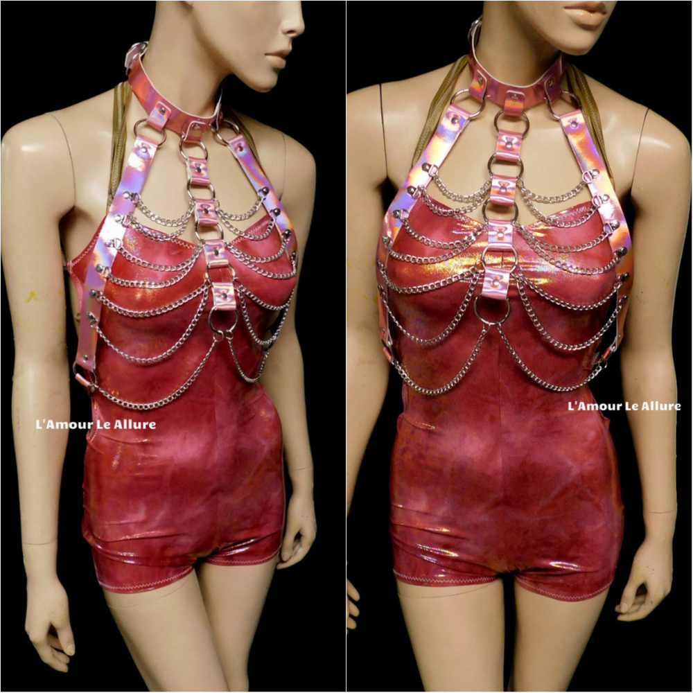 Pink Holographic Chain Body Harness Top